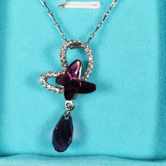 Citled Swarovski Crystal Birth Stone Amethyst Double Butterfly Pendant - Picture 2 of 13